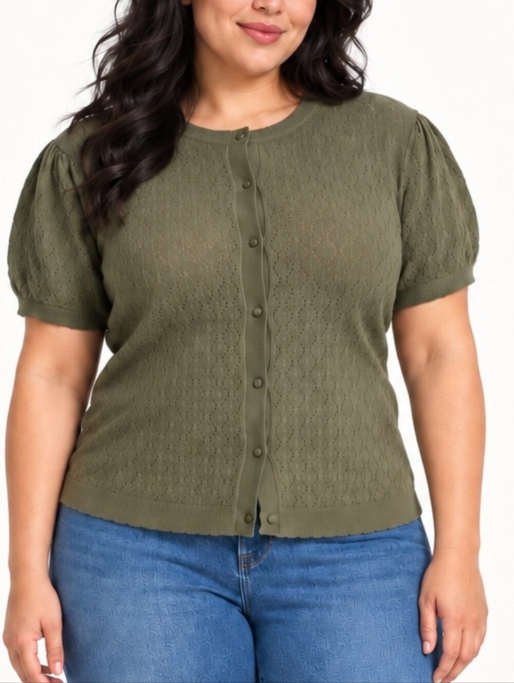 And Now This Olive Green Diamond Knit Short-Sleeve Cardigan Size 2X